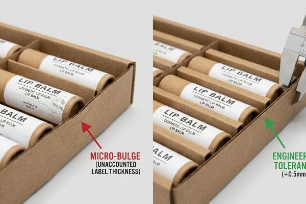 Brown cardboard tray displays lip balm tubes, contrasting a micro-bulge from unaccounted label thickness with an engineered 0.5mm tolerance, measured by a caliper.
