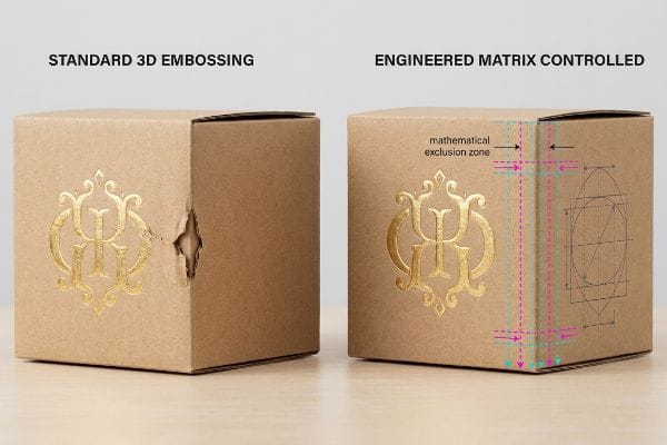 Matrix Controlled Embossing Kraft boxes compare Standard 3D Embossing's torn corner to Engineered Matrix Controlled packaging with intact gold foil and mathematical exclusion zone.
