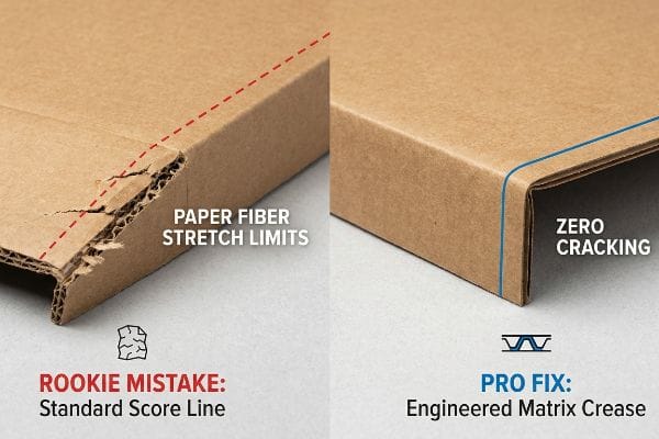 Engineered Crease vs Crack Cracked cardboard from a Standard Score Line shows Paper Fiber Stretch Limits, contrasted with a clean, uncracked fold from an Engineered Matrix Crease.