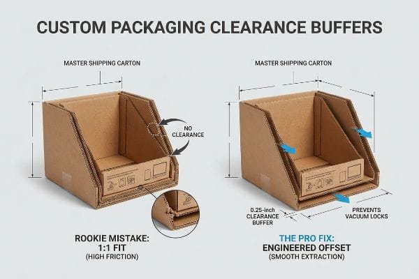 Packaging Clearance Buffers Corrugated master shipping cartons illustrate custom packaging clearance buffers: a 1:1 fit rookie mistake with no clearance versus a pro fix 0.25-inch engineered offset.
