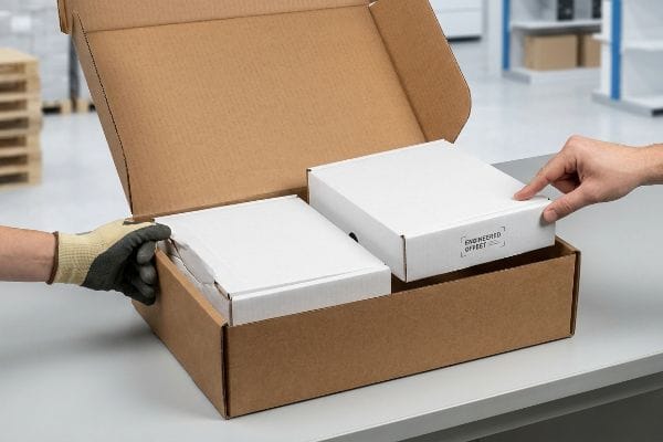Brown corrugated mailer box being loaded with two white 'Engineered Offset' cartons by two hands, illustrating nesting geometry.