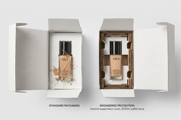 White boxes show Dika Foundation: Standard Packaging with a shattered bottle, and Engineered Protection with 3.17mm suspension voids.