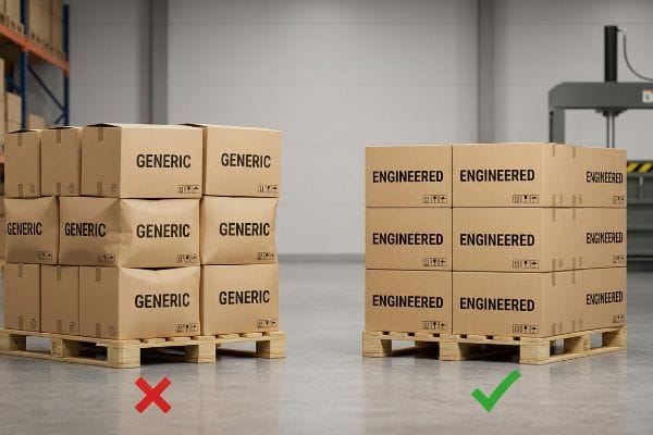 Generic vs Engineered Boxes Brown corrugated boxes, 'Generic' on left with pallet overhang and crushing, contrasted with perfectly aligned 'Engineered' boxes on right.