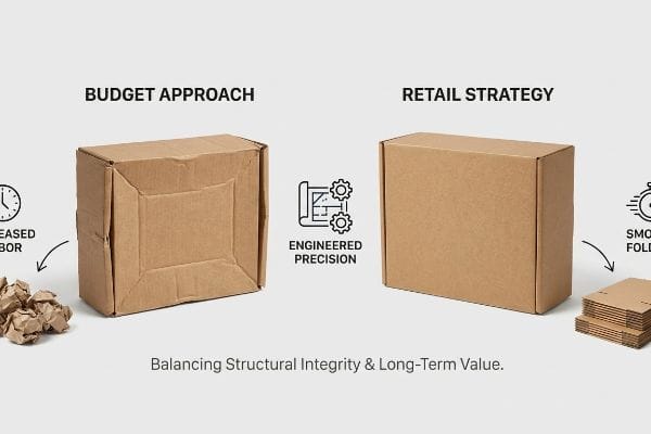 Budget vs Retail Boxes Brown mailer boxes illustrate Budget Approach (crumpled, increased labor) versus Retail Strategy (smooth folding, engineered precision) for structural integrity.