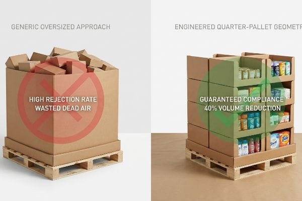 Pallet Display Optimization Brown cardboard pallet display shows Generic Oversized Approach (High Rejection Rate, Wasted Dead Air) versus Engineered Quarter-Pallet Geometry (Guaranteed Compliance, 40% Volume Reduction).
