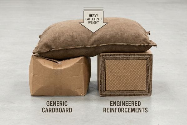 Cardboard Shipping Integrity Test A heavy palletized weight crushes generic cardboard, while engineered reinforcements hold strong, showing shipping integrity.