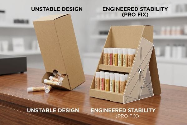 Entwickelte Displaystabilität Thekenaufsteller aus Kraftkarton: Ein instabiler Aufsteller kippt um, und Lippenbalsam läuft aus, im Gegensatz zu einem stabilen Aufsteller (Pro Fix) mit Aufstellfuß.