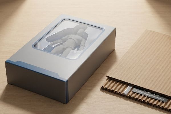 A grey action figure packaging box with a clear die-cut window, next to a corrugated insert featuring an Engineered Suspension System label.