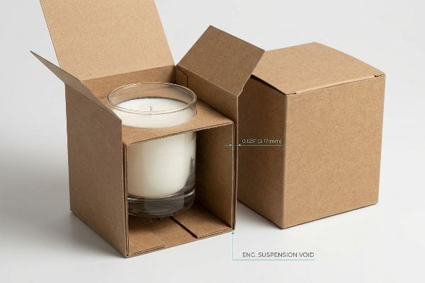 Candle Box Suspension Void Brown Kraft paper box with an open lid, showcasing a glass candle jar suspended by an Engineered Suspension Void with 0.125" (3.17 mm) clearance.