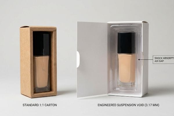Packaging Shock Absorption Comparison A glass foundation bottle in a Standard 1:1 Carton compared to an Engineered Suspension Void (3.17 Mm) with a Shock Absorpt Air Gap.