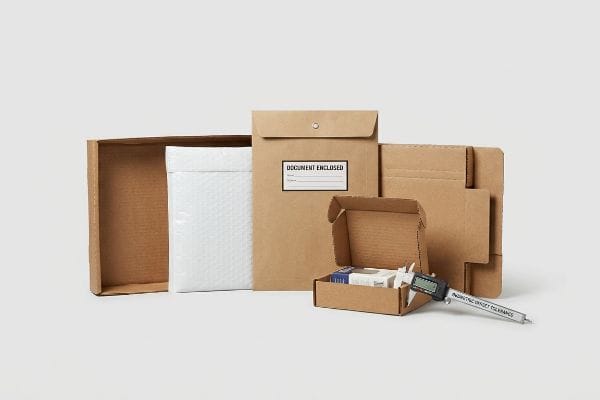Mailer und digitaler Messschieber Dokumentenhülle aus braunem Karton, mit Luftpolsterfolie ausgekleideter Polyethylen-Umschlag und Wellpappkartons mit einem digitalen Messschieber zur Messung der technischen Offset-Toleranz.