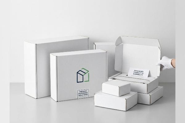 Premium Packaging Boxes White corrugated boxes, one open revealing an 'Enhanced Visibility & Durability' card, another with 'Premium Packaging Solutions' logo.