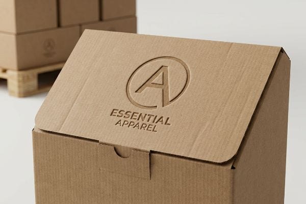 Brown corrugated cardboard box with a debossed Essential Apparel logo, showcasing the inward compression for a premium tactile finish.