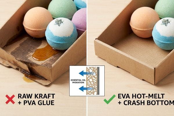 Bath Bomb Packaging Comparison Raw Kraft + Pva Glue box with bath bomb oil leakage vs. intact Eva Hot-Melt + Crash Bottom packaging, showing Essential Oil Migration.