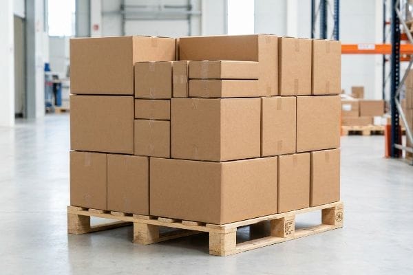 Warehouse Pallet Packaging Boxes Brown cardboard packaging boxes of various sizes stacked on a wooden EUR EPAL pallet in a warehouse, ready for logistics.