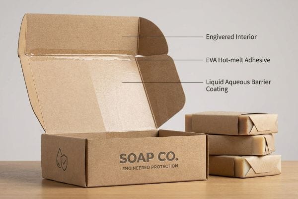 Engineered Soap Packaging Box Brown Soap Co. engineered protection box reveals Engivered Interior, EVA Hot-melt Adhesive, and Liquid Aqueous Barrier Coating, alongside wrapped soap bars.