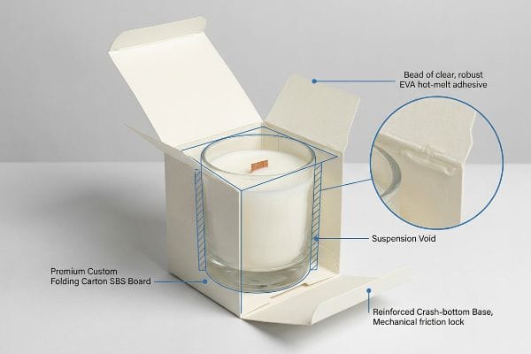 Candle Packaging Engineering Details Premium Custom Folding Carton Sbs Board for a candle, detailing suspension void, Eva hot-melt adhesive, and reinforced crash-bottom base with mechanical friction lock.