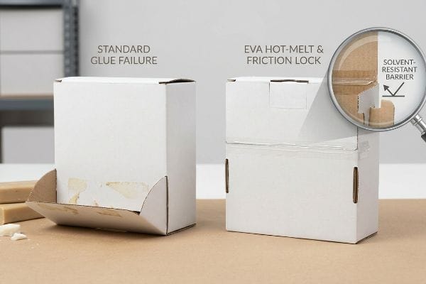 White boxes comparing Standard Glue Failure with open flaps to secure EVA Hot-Melt & Friction Lock, highlighting a Solvent-Resistant Barrier.