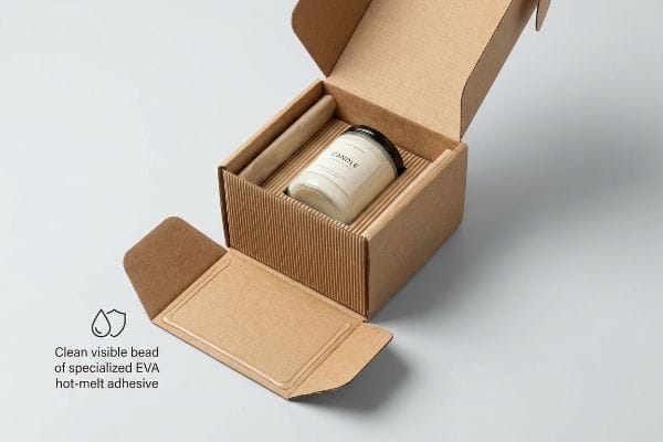 EVA Adhesive Candle Box Specialized EVA hot-melt adhesive bead visible on a Kraft corrugated candle box, securing a white Candle jar.