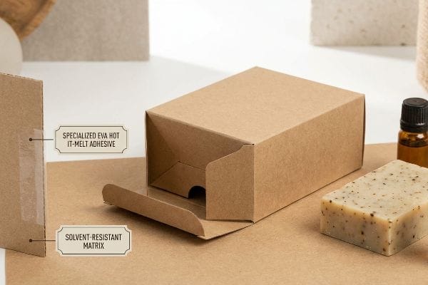 EVA Hot-Melt Adhesive Box Kraft paperboard box featuring Specialized EVA Hot-Melt Adhesive and Solvent-Resistant Matrix, with natural soap.