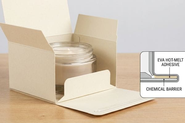 Hellbeige Kosmetikbox mit einem Glasbehälter, auf dem ein Diagramm zur Darstellung der Migration von Lösungsmitteln auf Basis von EVA-Schmelzklebstoffen und chemischen Barrieren abgebildet ist.