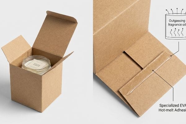 Kraft paperboard box with Hug-Me Candle, highlighting specialized EVA hot-melt adhesive resisting outgassing fragrance oil.