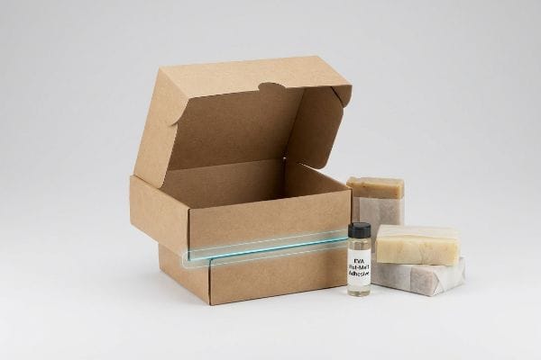 An open kraft box with a vial of EVA Hot-Melt Adhesive and wrapped soaps, highlighting the solvent-resistant adhesive seam.