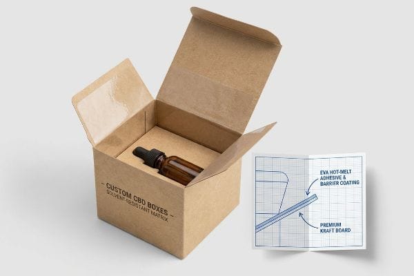 CBD Box Adhesive Diagram Kraft custom CBD box with amber dropper bottle, showing diagram of EVA Hot-Melt Adhesive and Premium Kraft Board.