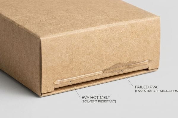 EVA vs PVA Adhesives Brown kraft paperboard box displaying clear EVA Hot-Melt (Solvent Resistant) and failed PVA (Essential Oil Migration) adhesives.