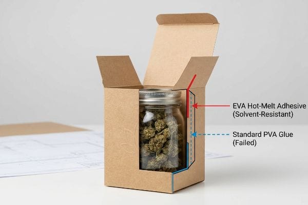 EVA vs PVA Glue Kraft paperboard box with a glass jar of CBD hemp flowers, illustrating EVA Hot-Melt Adhesive (Solvent-Resistant) and failed Standard PVA Glue.