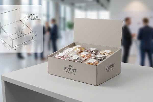 Event Sweets Display Box An Event Sweets candy display box, a POP tray filled with wrapped sweets, on a table at an event, featuring an inset diagram of its structural stability with Creatural E Box and 12x12x6 inch dimensions.