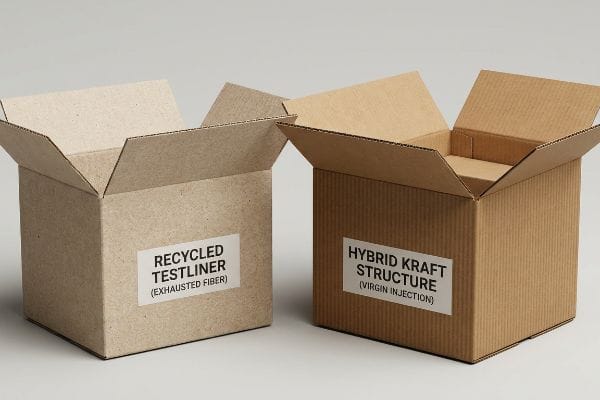 Two open cardboard boxes, one labeled 'Recycled Testliner (Exhausted Fiber)' and the other 'Hybrid Kraft Structure (Virgin Injection)'.