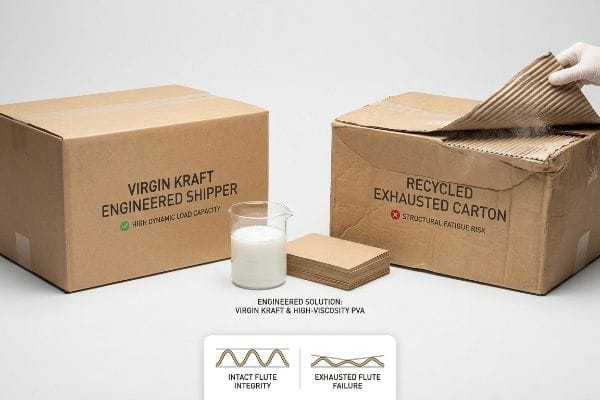 Ein speziell entwickelter Versandkarton aus neuem Kraftpapier mit hoher dynamischer Belastbarkeit steht im Kontrast zu einem recycelten, erschöpften Karton, der Anzeichen von Materialermüdung und abgeflachter Wellenstruktur sowie hochviskosen PVA-Klebstoff aufweist.