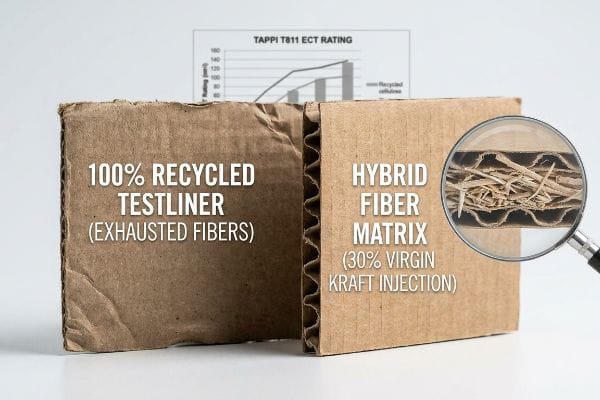 Corrugated Fiber Comparison Corrugated cardboard comparison: "100% Recycled Testliner (Exhausted Fibers)" and "Hybrid Fiber Matrix (30% Virgin Kraft Injection)". TapPi T811 Ect Rating.