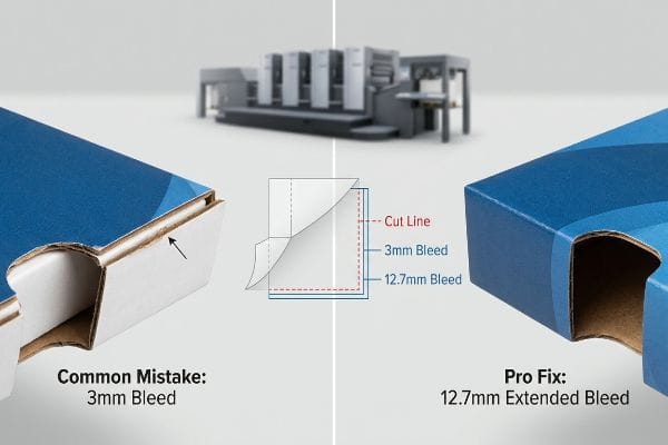 Extended Bleed Fix Comparison Exposed raw cardboard edge from a Common Mistake 3mm Bleed contrasted with a Pro Fix 12.7mm Extended Bleed, showing a perfectly wrapped blue box edge and a bleed diagram.