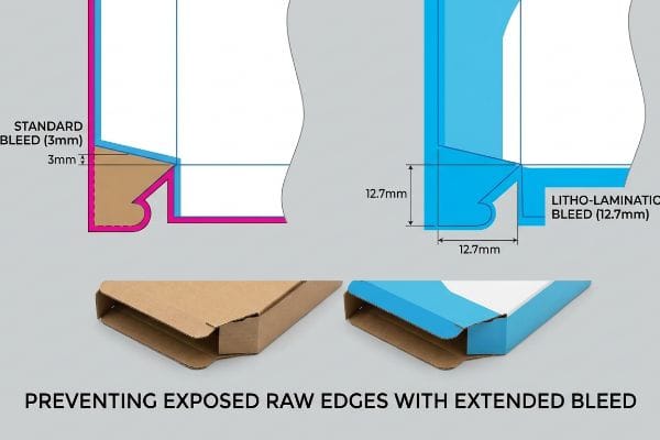 Diagram comparing standard 3mm bleed to 12.7mm litho-lamination bleed, illustrating how extended bleed prevents exposed raw cardboard edges on packaging.