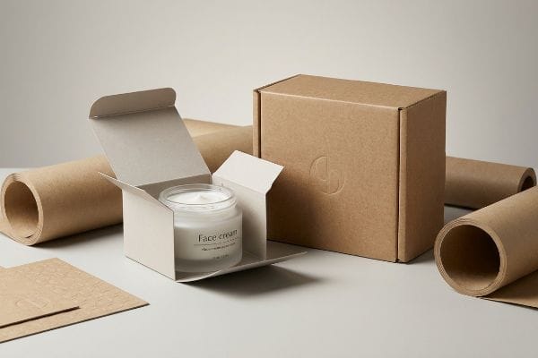 Sustainable Cosmetic Packaging Face Cream glass jar in open paperboard box, with a corrugated cardboard box featuring an embossed logo and kraft paper rolls.