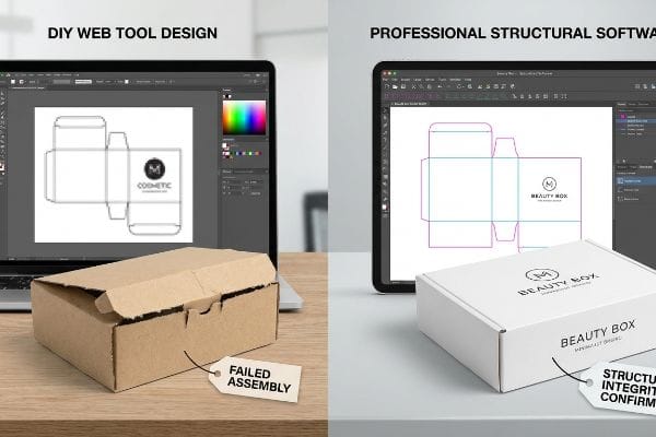 Structural Design Comparison Brown cosmetic box with failed assembly from DIY web design contrasts with a white beauty box showing structural integrity from professional software.