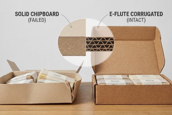 Solid Chipboard (Failed) soap packaging bows, contrasting with intact E-Flute Corrugated box, showing material cross-sections.