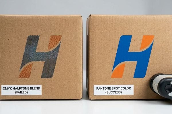 Pantone-Sonderfarbe erfolgreich Auf den Kartons ist neben einem leuchtenden Logo mit der Aufschrift „Pantone Sonderfarbe (Erfolg)“ ein „CMYK Halftone Blend (Fehlgeschlagen)“ abgebildet, um die Markenidentität zu veranschaulichen.