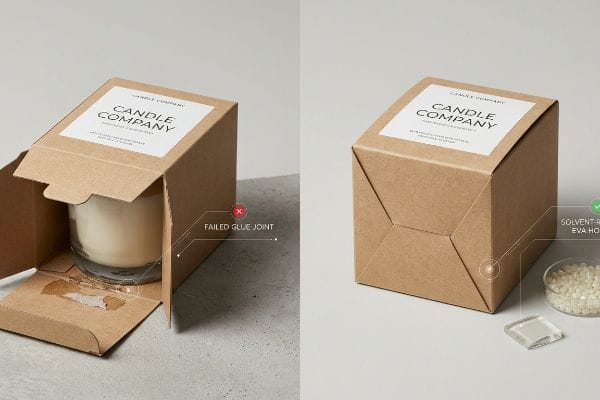 Junção com cola PVA defeituosa em caixa de papel Kraft de uma empresa de velas, em contraste com a aplicação segura de adesivo termofusível EVA resistente a solventes.