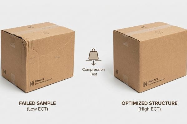 مقارنة قوة صندوق اختبار الصدمات الكهربائية صناديق هارفي الكرتونية: عينة فاشلة محطمة (معامل ECT منخفض) مقابل هيكل سليم مُحسَّن (معامل ECT مرتفع) من اختبار الضغط.