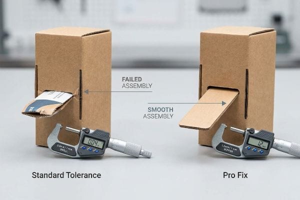Brown corrugated dispenser boxes compare Failed Assembly (micrometer 0.04) with Smooth Assembly (micrometer 1.2), highlighting Standard Tolerance vs. Pro Fix for dispenser design.