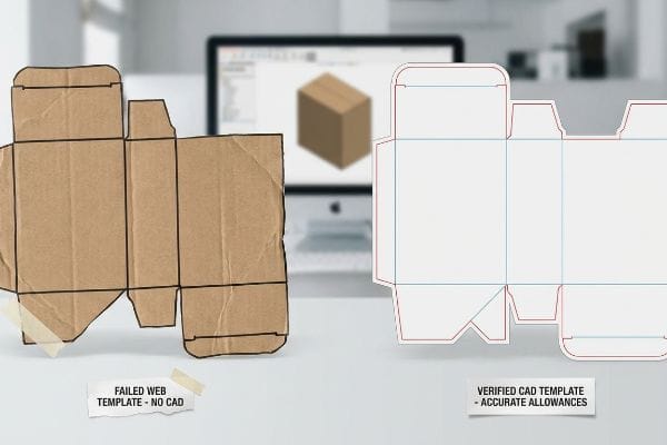 Box Template Comparison Crumpled brown cardboard 'Failed Web Template - No Cad' contrasts with a precise white 'Verified Cad Template - Accurate Allowances' for packaging dielines, emphasizing CAD software's role in accurate bend allowances.