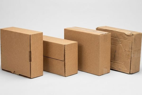 Vergleich des Zustands von Versandkartons Vier braune Wellpapp-Versandkartons, darunter neue und abgenutzte E-Commerce-Versandkartons, auf weißem Hintergrund.