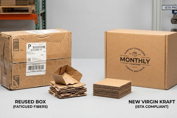 Abgenutzte Fasern in einem wiederverwendeten Karton mit Versandetiketten stehen im Kontrast zu einem neuen, ISTA-konformen Karton aus ungebrauchtem Kraftpapier für die monatlichen Kurationen und frischen Stapeln aus Wellpappe.