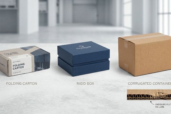 Packaging Box Types Paperboard Folding Carton, dark blue Premium Rigid Box, and Corrugated Container with a close-up of Fatigued Flute Failure.