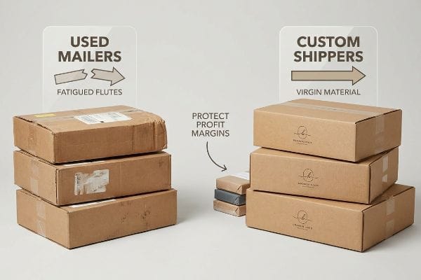Custom Shippers Protect Profits Worn Used Mailers with Fatigued Flutes contrasted with new Custom Shippers made from Virgin Material, emphasizing profit margin protection.
