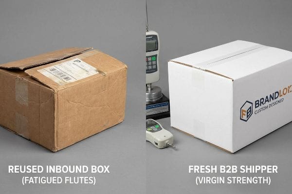 Box Strength Comparison A worn, Reused Inbound Box (Fatigued Flutes) contrasts with a pristine Brandlok Custom Designed Fresh B2B Shipper (Virgin Strength), demonstrating corrugated strength.