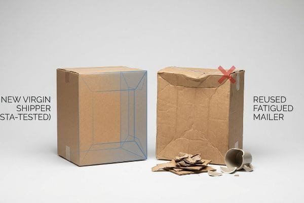 New virgin ISTA-tested shipper contrasts with damaged, reused fatigued mailer, showing broken mug and cardboard waste.